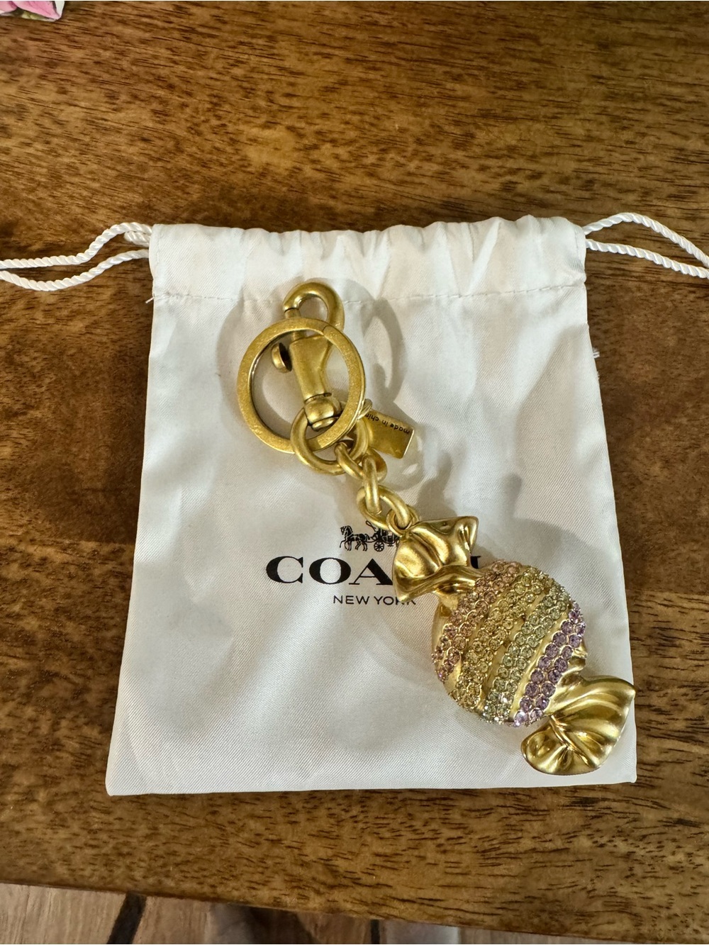 Coach Gold-Tone Candy Charm Keychain with Pink and Yellow Crystals